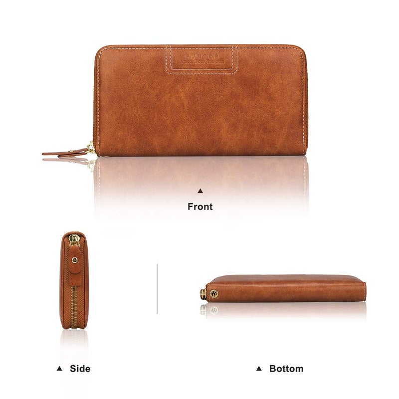 FT FUNTOR Wristlet Wallet for Women, Ladies Zip around Wallet PU Vegan Leather Clutch Long Purse Phone Card Holder Organizer Brown - Image 3